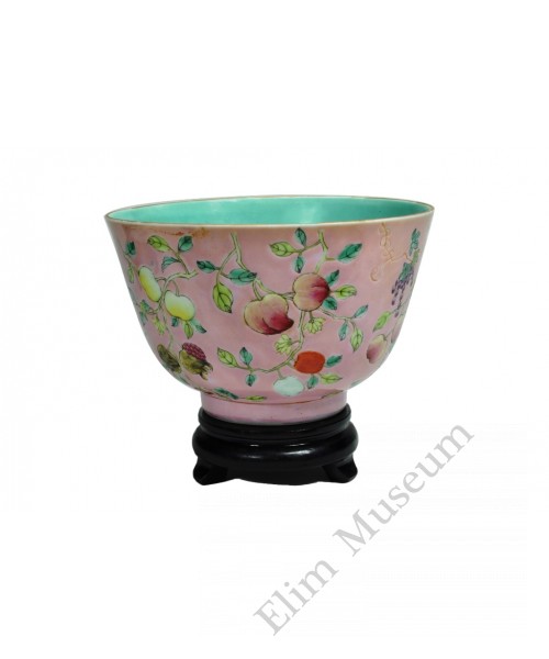 1084 A  pink glaze bowl with auspicious symbols of fruits